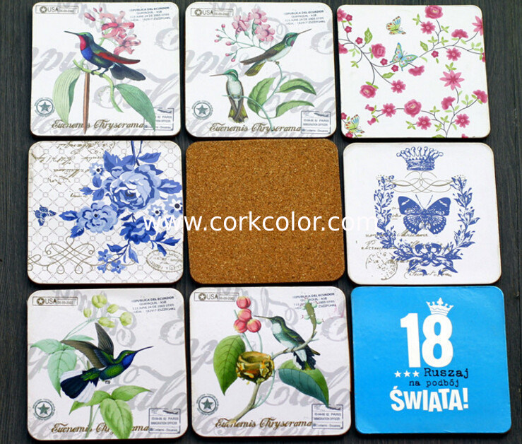 Wooden cork coaster with transparent vanished finished edge, Customized size and printed logo for home and hotel